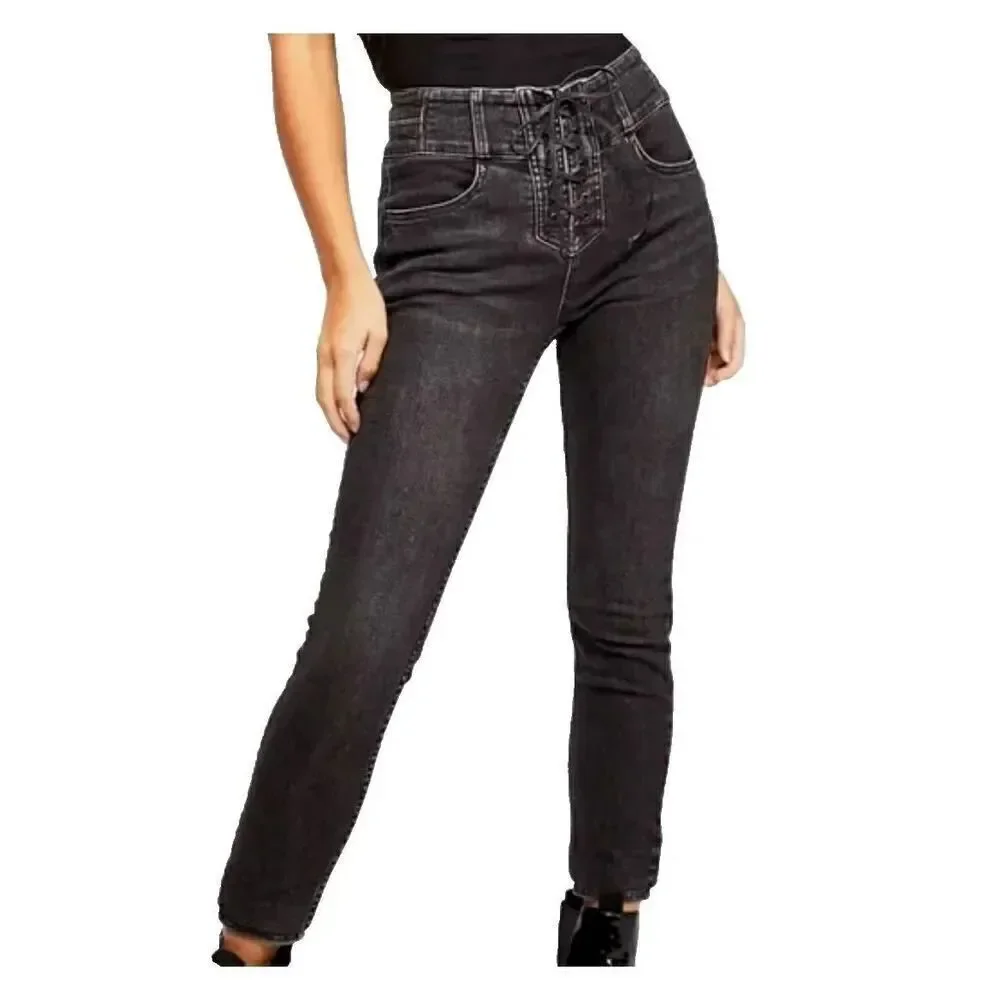 We the FREE PEOPLE Womens Curvy Lovers Knot Lace Up Black Skinny Jeans Size 25